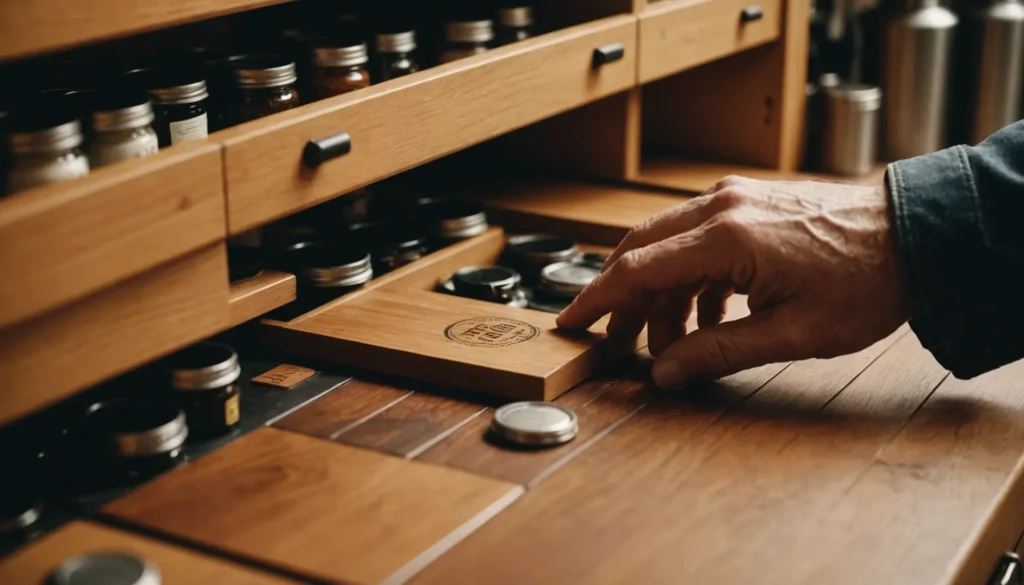 Close-up view of a kitchen cabinet interior with a hand inspecting the wood surface.